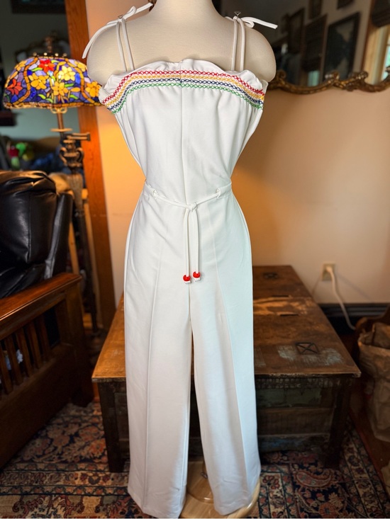 Vintage Pants - VINTAGE 70s! White Knit Jersey Jumpsuit with Smocked Rainbow Trim, drawstring